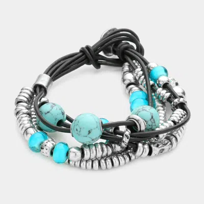 Fashnzfab Multi Stand Turquoise Metal Bead Faux Leather Bracelet In Blue
