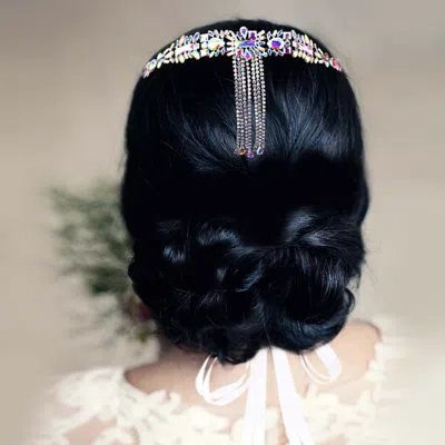 Fashnzfab Multi Stone Cluster Dropped Rhinestone Sash Ribbon Bridal Wedding Belt / Headband