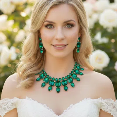 Fashnzfab Multi Stone Cluster Evening Necklace - Emerald, Gold