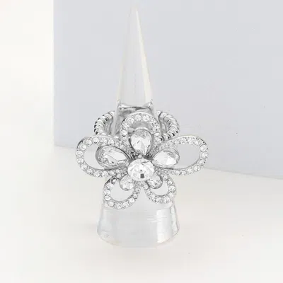 Fashnzfab Multi Stone Embellished Flower Stretch Ring - Silver In Metallic