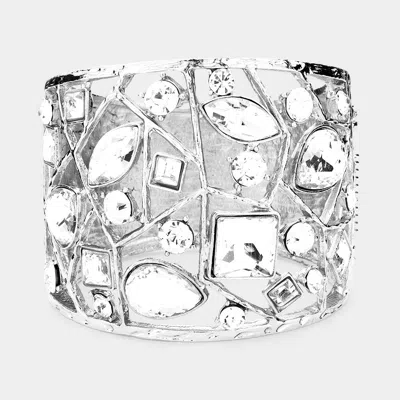 Fashnzfab Multi Stone Embellished Hinged Bracelet Clear, Rhodium