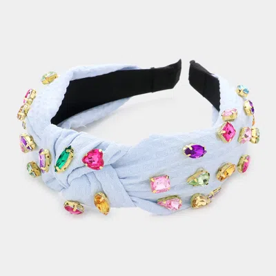 Fashnzfab Multi Stone Embellished Knot Burnout Lace Headband In Blue