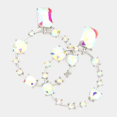 Fashnzfab Multi Stone Embellished Open Circle Dangle Evening Earrings - Ab, Rhodium In Metallic