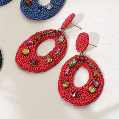 Fashnzfab Multi Stone Embellished Seed Beaded Cutout Oval Dangle Earrings