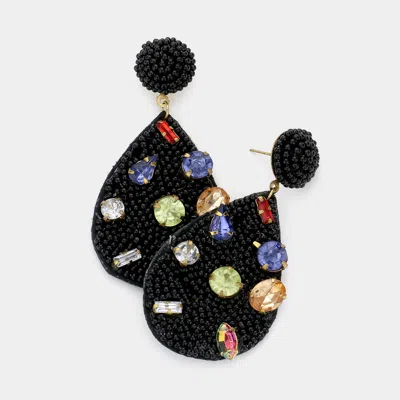 Fashnzfab Multi Stone Embellished Seed Beaded Teardrop Dangle Earrings - Black