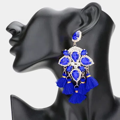 Fashnzfab Multi Stone Embellished Tassel Link Dangle Earrings - Royal Blue