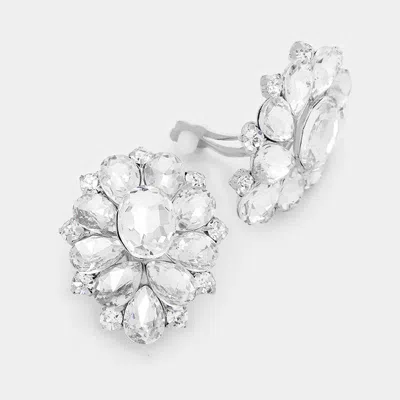 Fashnzfab Multi Stone Flower Clip On Evening Earrings - Silver, Clear