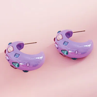 Fashnzfab Multi Stone Paved Chunky Hoop Earrings In Purple