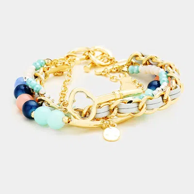Fashnzfab Multi Strand Beaded Metal Key Accented Toggle Bracelet In Gold