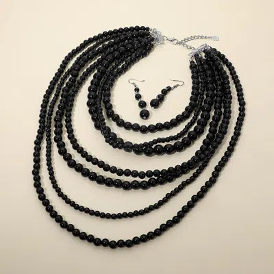 Fashnzfab Multi Strand Beaded Statement Necklace In Black