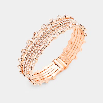 Fashnzfab Multi Strand Pave Crystal Rhinestone Cuff Evening Bracelet Clear, Rose Gold