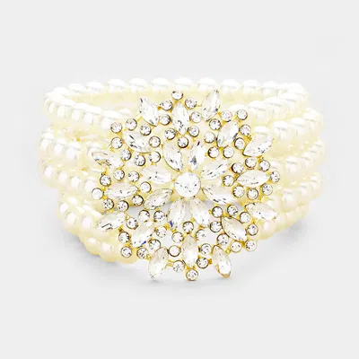 Fashnzfab Multi Strand Pearl Crystal Flower Accented Stretch Bracelet Clear, Cream, Gold In Yellow