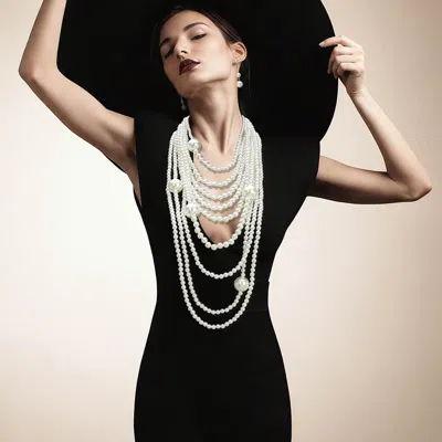 Fashnzfab Multi Strand Pearl Statement Necklace In Black