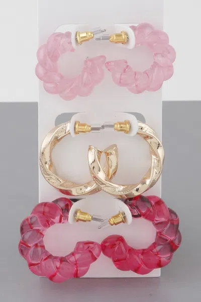 Fashnzfab Multi Twisted Hoop Earrings Set In Pink