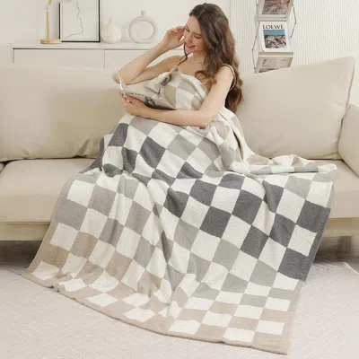 Fashnzfab Multicolor Checkered Reversible Throw Blanket In Gray