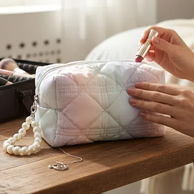 Fashnzfab Multicolor Quilted Pearl Wristlet Cosmetic Pouch Bag