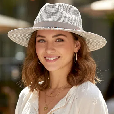 Fashnzfab Multicolor Trim Bow Band Woven Straw Summer Fedora Hat In Gray