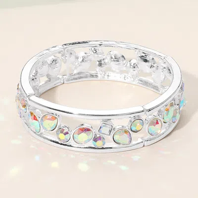 Fashnzfab Multicolor Various Shaped Stone Bezel Embellished Open Frame Stretch Bracelet Ab, Silver