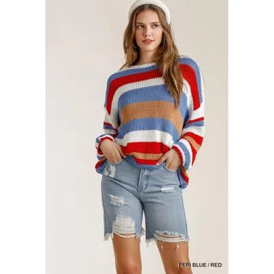 Fashnzfab Multicolored Stripe Round Neck Long Sleeve Knit Sweater