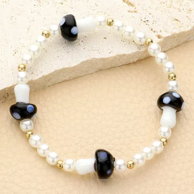 Fashnzfab Mushroom Accented Pearl Stretch Bracelet Black, Worn Gold In Silver