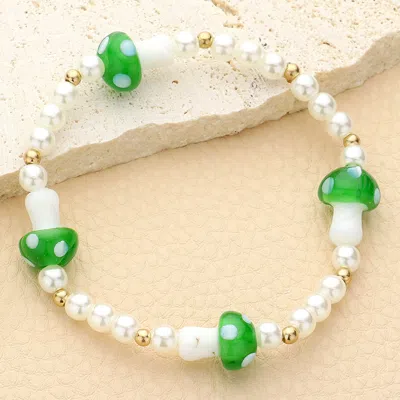 Fashnzfab Mushroom Accented Pearl Stretch Bracelet Olive Green, Worn Gold In Multi