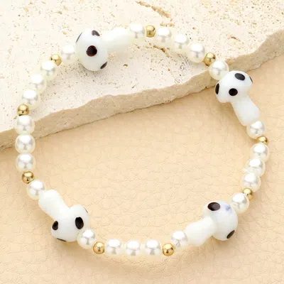 Fashnzfab Mushroom Accented Pearl Stretch Bracelet White, Worn Gold In Multi