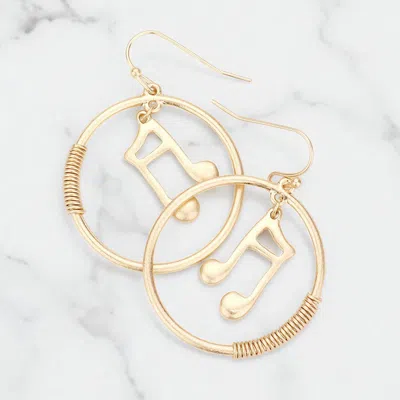 Fashnzfab Music Notes Accented Wire Wrapped Open Metal Circle Dangle Earrings - Worn Gold