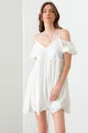 Fashnzfab Mustard Seed Embroidered Floral Shirred Cold Shoulder Mini Dress In White