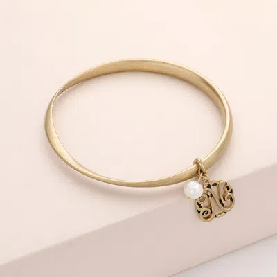 Fashnzfab -n- Initial Initial Monogram Pearl Charm Bangle Bracelet In Gold