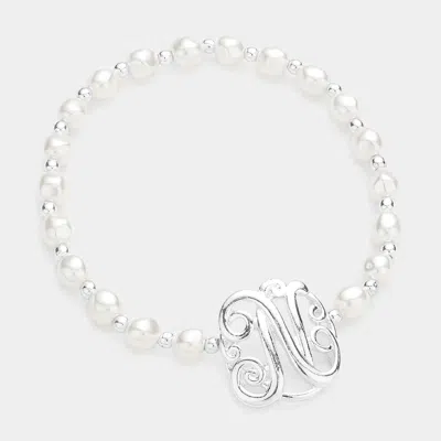 Fashnzfab -n- Initial Monogram Charm Pearl Stretch Bracelet In Metallic