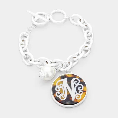 Fashnzfab -n- Initial Monogram Pearl Charm Chain Link Bracelet In Purple