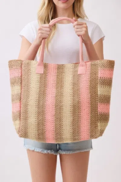 Fashnzfab Natural Brown Multi Color Stripe Straw Tote Bag In Pink
