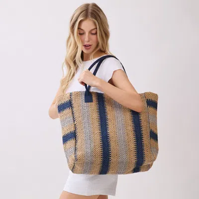 Fashnzfab Natural Multi Color Stripe Straw Tote Bag In Blue