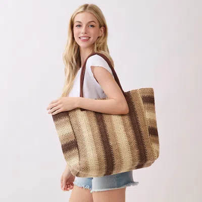 Fashnzfab Natural Multi Color Stripe Straw Tote Bag In Brown