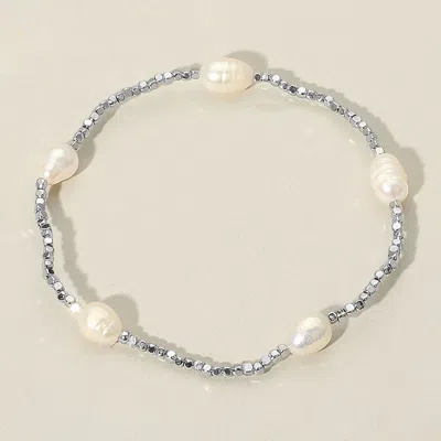 Fashnzfab Natural Pearl Seed Beaded Stretch Bracelet Cream, Rhodium In Multi