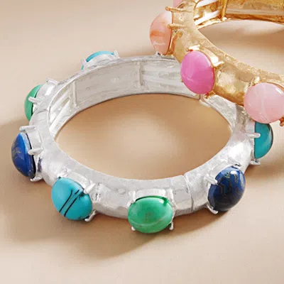 Fashnzfab Natural Round Stone Pointed Brushed Metal Stretch Bracelet Blue, Silver In Multi