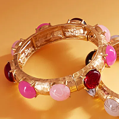 Fashnzfab Natural Round Stone Pointed Brushed Metal Stretch Bracelet In Gold