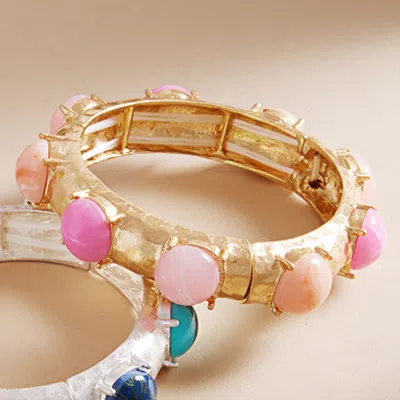 Fashnzfab Natural Round Stone Pointed Brushed Metal Stretch Bracelet Gold, Pink In Multi