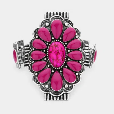 Fashnzfab Natural Stone Accented Flower Burnished Metal Stretch Bracelet Fuchsia, Silver Burnished In Multi