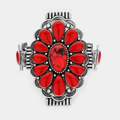 Fashnzfab Natural Stone Accented Flower Burnished Metal Stretch Bracelet Red, Silver Burnished