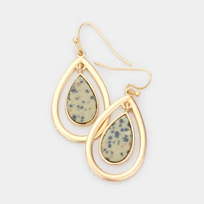 Fashnzfab Natural Stone Accented Open Metal Teardrop Link Dangle Earrings - Black, Neutral In Gold