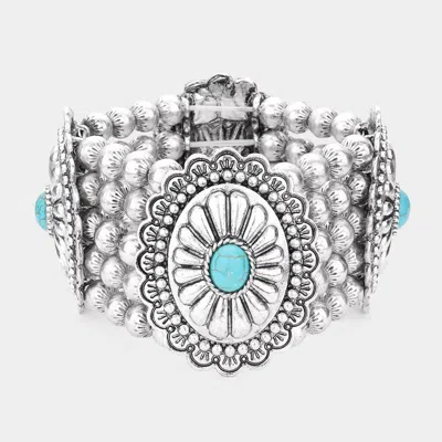 Fashnzfab Natural Stone Accented Squash Blossom Stretch Bracelet - Turquoise In Metallic