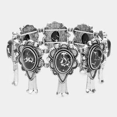 Fashnzfab Natural Stone Accented Squash Blossom Stretch Bracelet Black