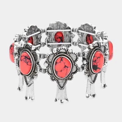 Fashnzfab Natural Stone Accented Squash Blossom Stretch Bracelet Red