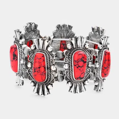 Fashnzfab Natural Stone Accented Squash Blossom Stretch Bracelet In Red