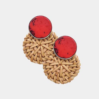 Fashnzfab Natural Stone Accented Woven Wood Round Earrings In Red