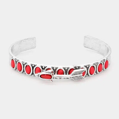 Fashnzfab Natural Stone Arrow Embellished Cuff Bracelet Red, Silver Burnished In Multi