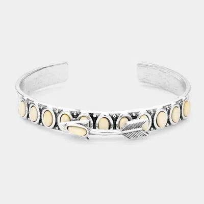 Fashnzfab Natural Stone Arrow Embellished Cuff Bracelet Silver Burnished, White