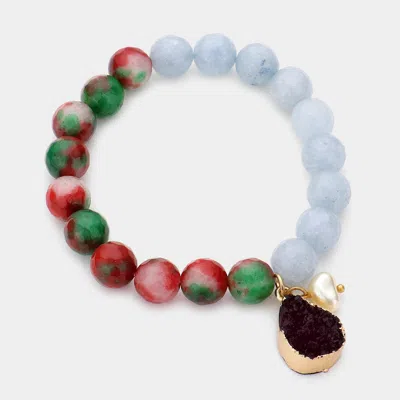 Fashnzfab Natural Stone Bead Pearl Charm Stretch Bracelet In Multi