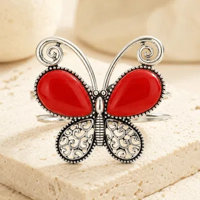 Fashnzfab Natural Stone Butterfly Hinged Bracelet In Red